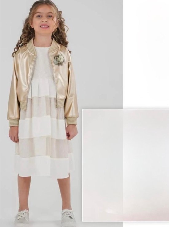 luxe feestjurk met fake leren jas -gouden jasje-moderne jurk -galajurk-vintage jurk-bruiloft-fotoshoot-crème champagne goudkleur - polyester-5 jaar maat 110