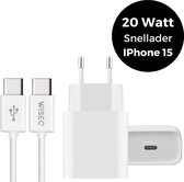 WiseQ 20W Snellader - Compacte USB-C Adapter - Speciaal voor iPhone 15 - Inclusief 1m USB-C naar USB-C Kabel - Elegant Wit