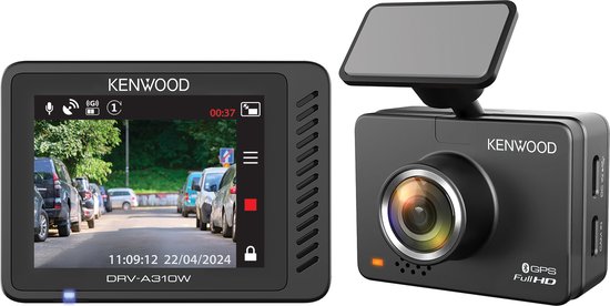 Kenwood DRV-A310W dashcam met opnamescherm en de dashcam zelf.
