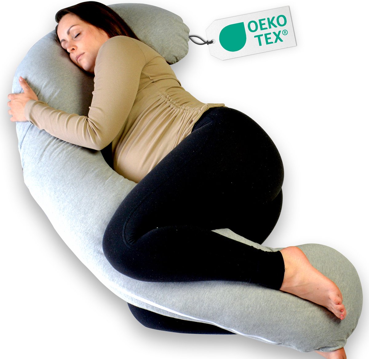 Goedkoopste Ella Zwangerschapskussen XXL J-vorm - Zijslaapkussen - Lichaamskussen - Voedingskussen - Body Pillow - 155cm - Afneembare Jersey Katoenen Hoes - Lichtgrijs