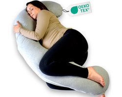 Ella Zwangerschapskussen XXL J-vorm - Zijslaapkussen - Lichaamskussen - Voedingskussen - Body Pillow - 155cm - Afneembare Jersey Katoenen Hoes - Lichtgrijs