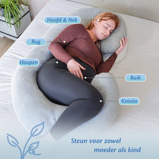 Ella Zwangerschapskussen XXL C-vorm - Zijslaapkussen - Lichaamskussen - Voedingskussen - Body Pillow - 150x70cm - Afneembare Jersey Katoenen Hoes, Lichtgrijs