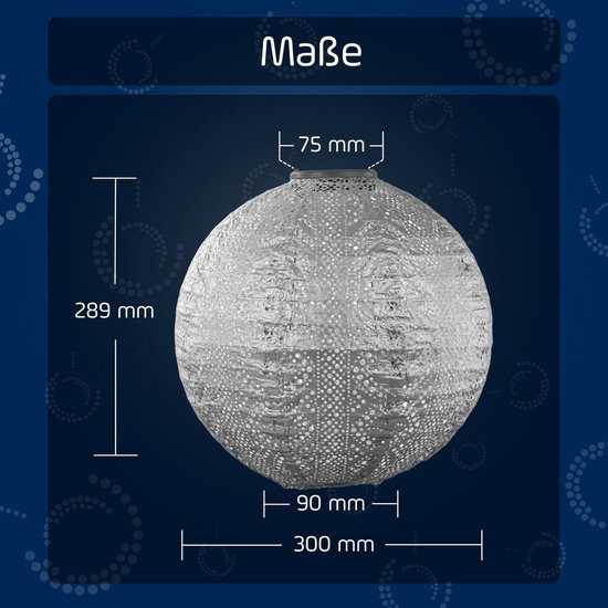 Afmetingen: 289 mm hoog, 300 mm breed, 90 mm diep. Zilveren lampion met perforaties.