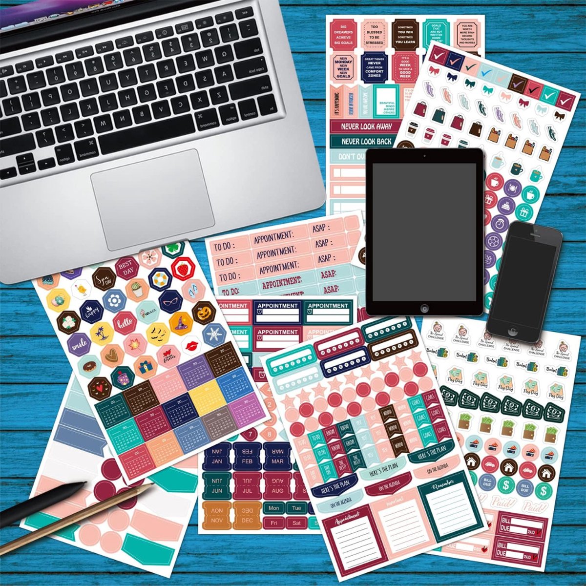 Planner Stickers Boek – 1748 Stickers voor Bullet Journal, Agenda & Kalender – 31 Vellen met Datums, Trackers, Quotes en Symbolen — afbeelding 5