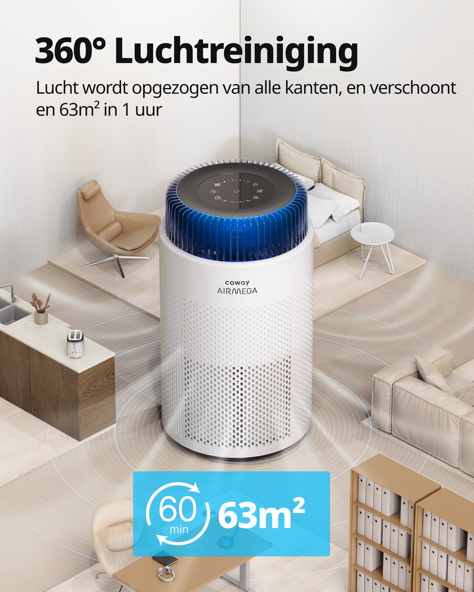 Coway Airmega 100 Luchtreiniger - Air Purifier - 244 m³/u - HEPA filter + koolstoffilter - Verwijdert tot 99,97% van fijne en ultrafijne deeltjes - Tegen stof, pollen en allergenen - Fluisterstil (20 dB) - ECARF gecertificeerd — afbeelding 5