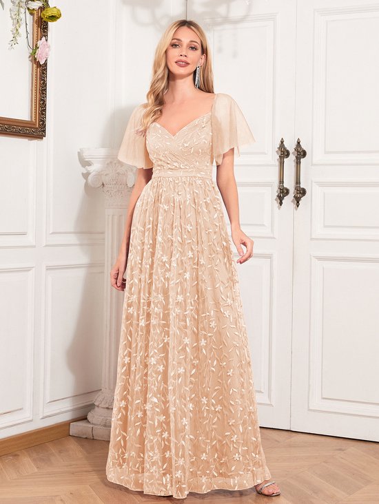 Robe de soirée romantique à col V, robe en maille brodée