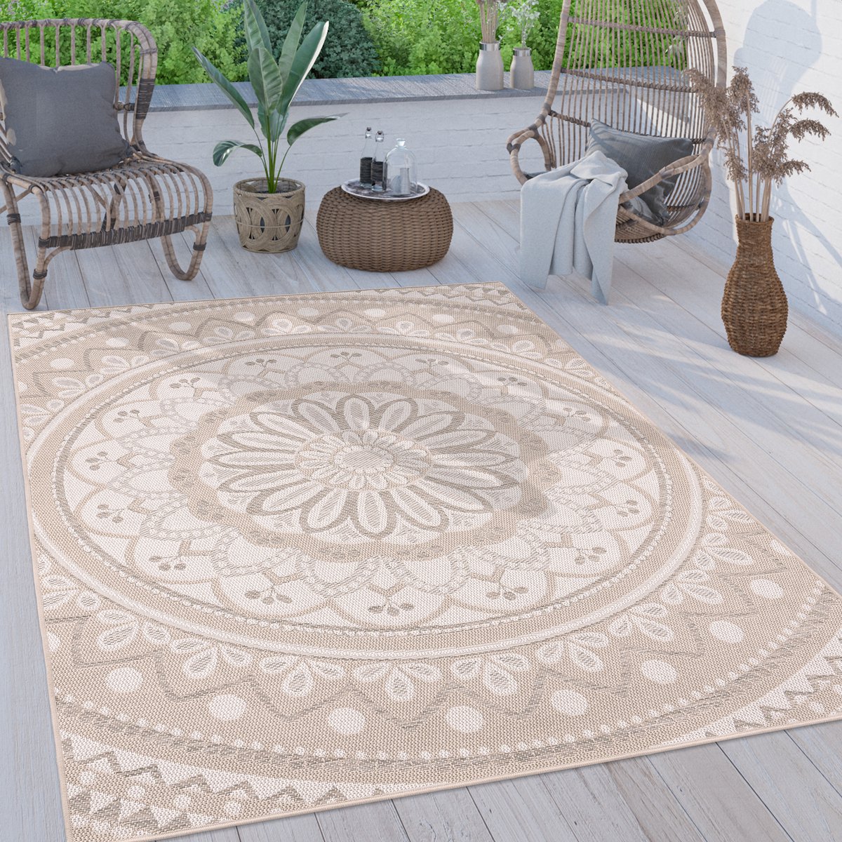Paco Home Buiten Vloerkleed Tapijt Binnen En Buiten Balkon Oosters Boho Marokkaans Beige 80x150 cm