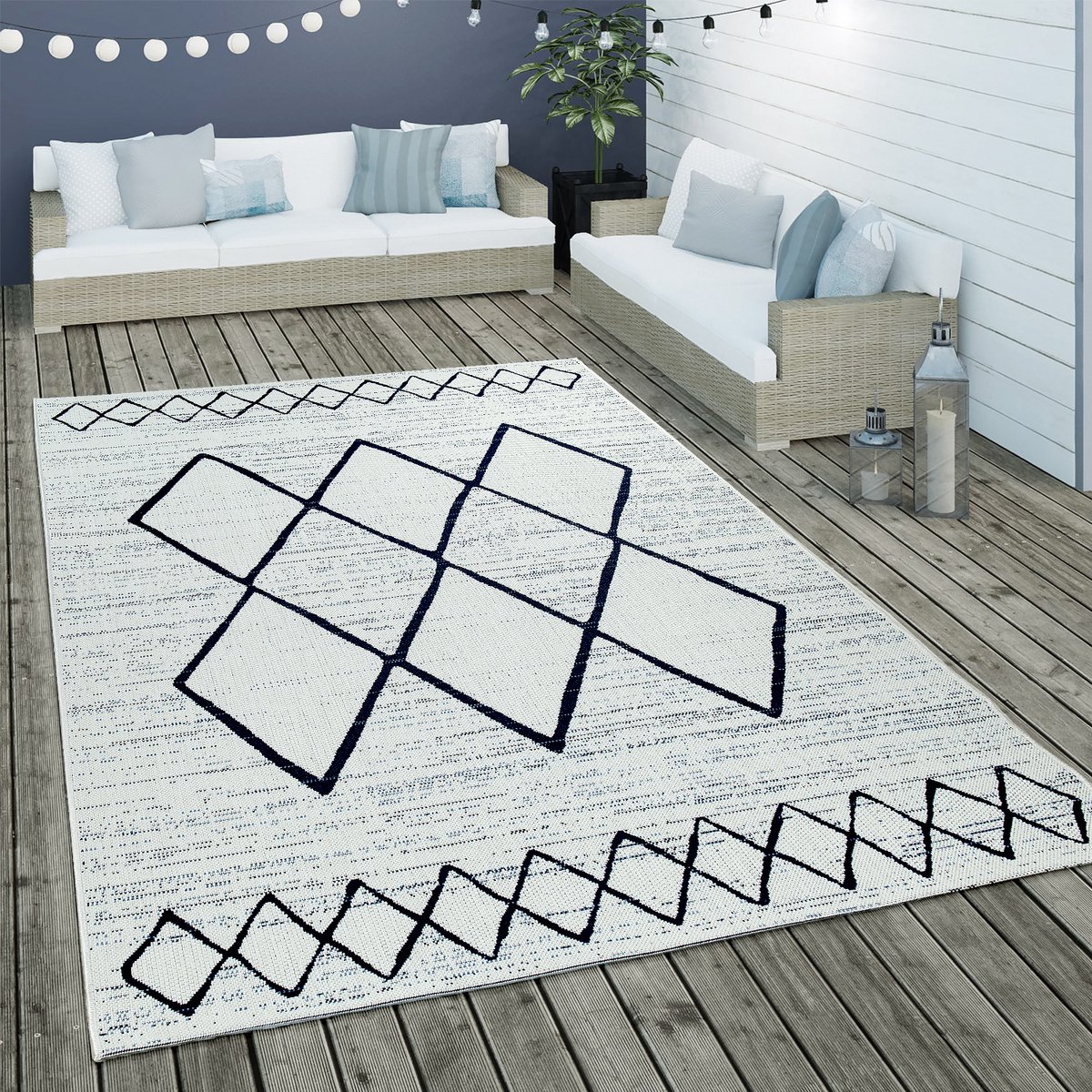Paco Home Buiten Vloerkleed Platweefsel Geometrisch Scandinavisch Motief In Wit Blauw 120x170 cm