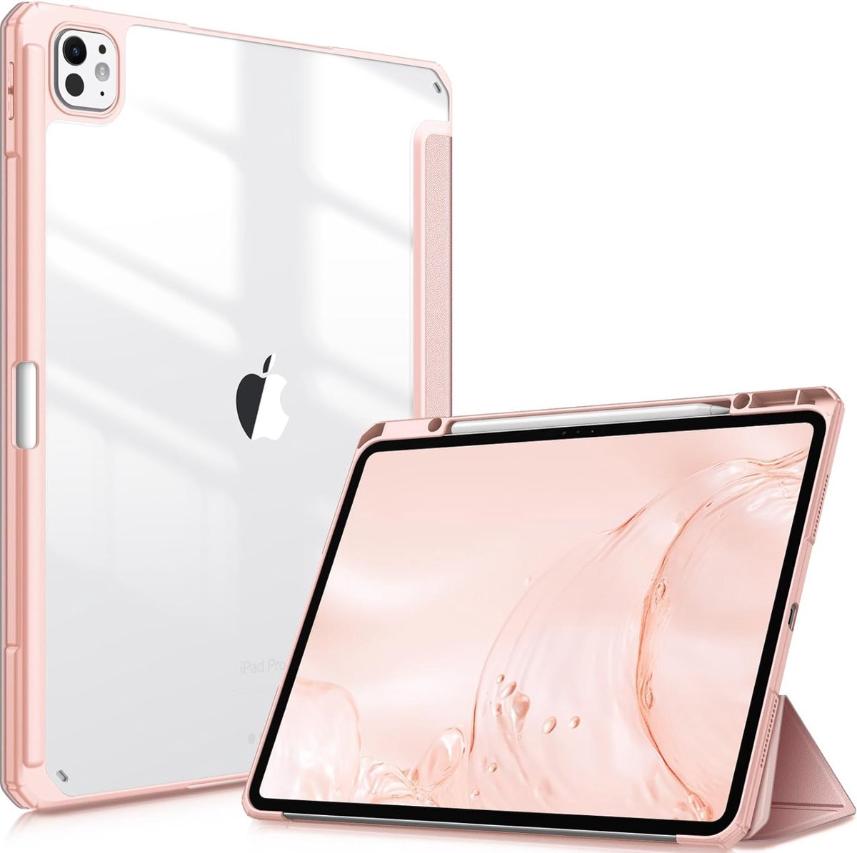 Geschikt voor Apple iPad Pro 13 inch (M4) 2024 - Book Case - Schokbestendige Hoes Met Doorzichtige Transparante Achterkant - Ingebouwde potloodhouder - Rose Gold