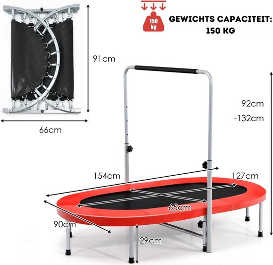 Afmetingen van de rode, opvouwbare trampoline, maximaal 150 kg.