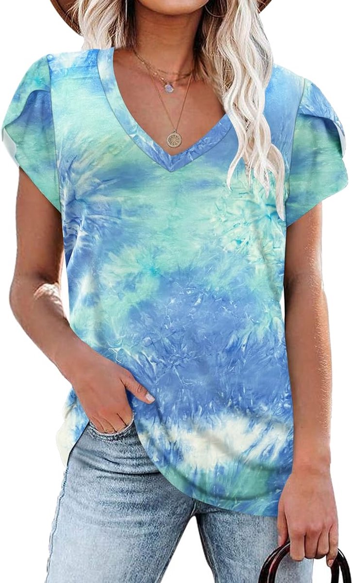 Zomers T-shirt met Korte Mouwen voor Dames Elegante Top Casual Dagelijks Klassiek Shirt Causal Printing V Neck Top Shirt Petal Sleeves 2XL Oceaan Golf