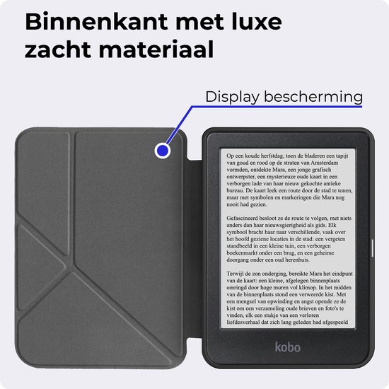 Zwarte e-reader met donkergroene beschermhoes, met luxe zacht materiaal aan de binnenzijde.