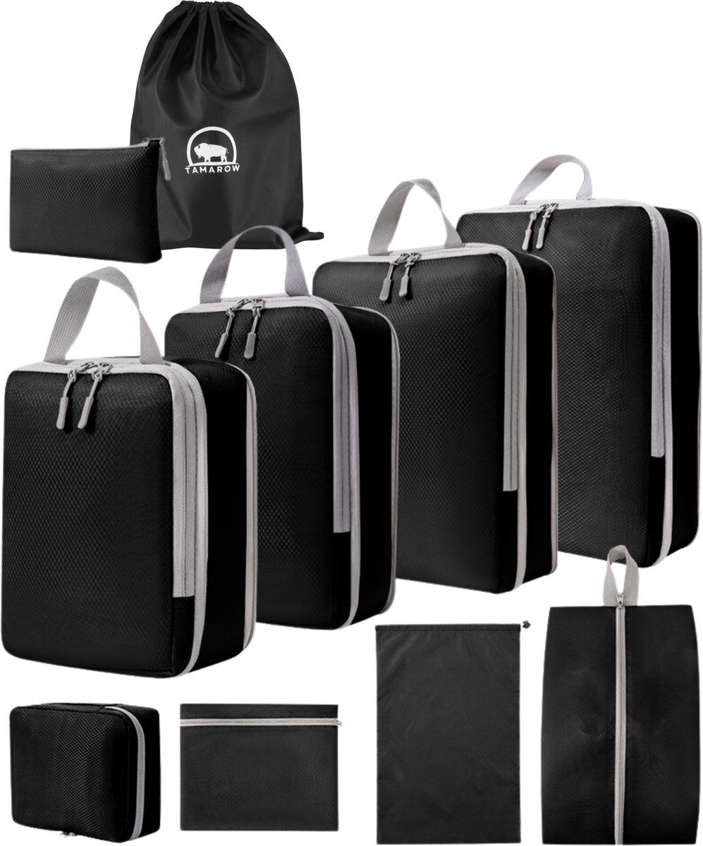 Tamarow Packing Cubes Set 10 Delig - Bagage Organizers - Travel Backpack Organizer - Kleding Organizer - Zwart
