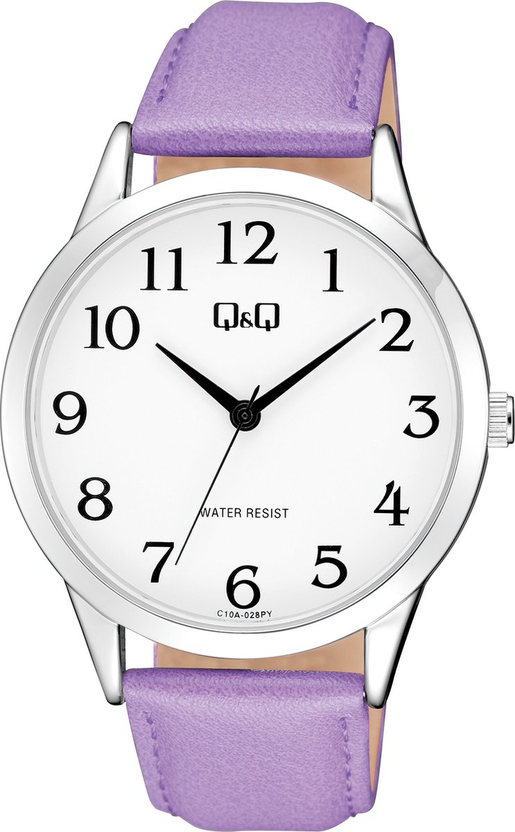 QQ C10A-028PY - Horloge - Analoog - Unisex - Leren band - Rond - Metaal - Cijfers - Paars - Zilverkleurig