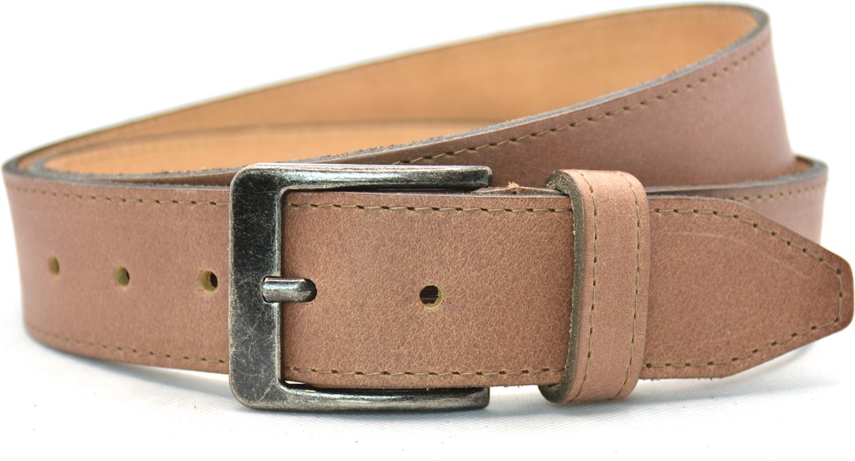 Leren Riem Heren Rondgestikt | 4 cm breed | Riemmaat: 105cm (totale lengte: 120cm) | 100% echt leer | Kleur: ecru / beige | Naturel - Nikkelvrije gesp