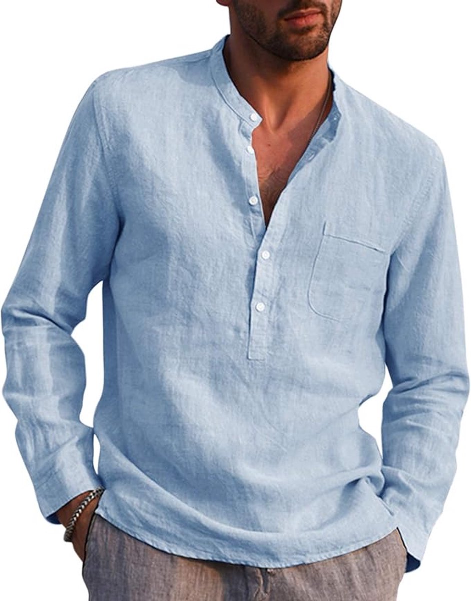 AUDATE Heren Katoen Linnen Shirt Herfst Winter Heren Overhemd Lange Mouwen Regular Fit Casual Shirt Hemelsblauw