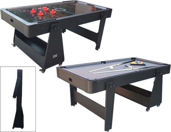 TopTable Twist 2-1 Max Mobile, Grey-Black 6,5ft - Airhockey & Pooltafel Combi 2 in 1 Gemakkelijk Opklapbaar & Verrijdbaar