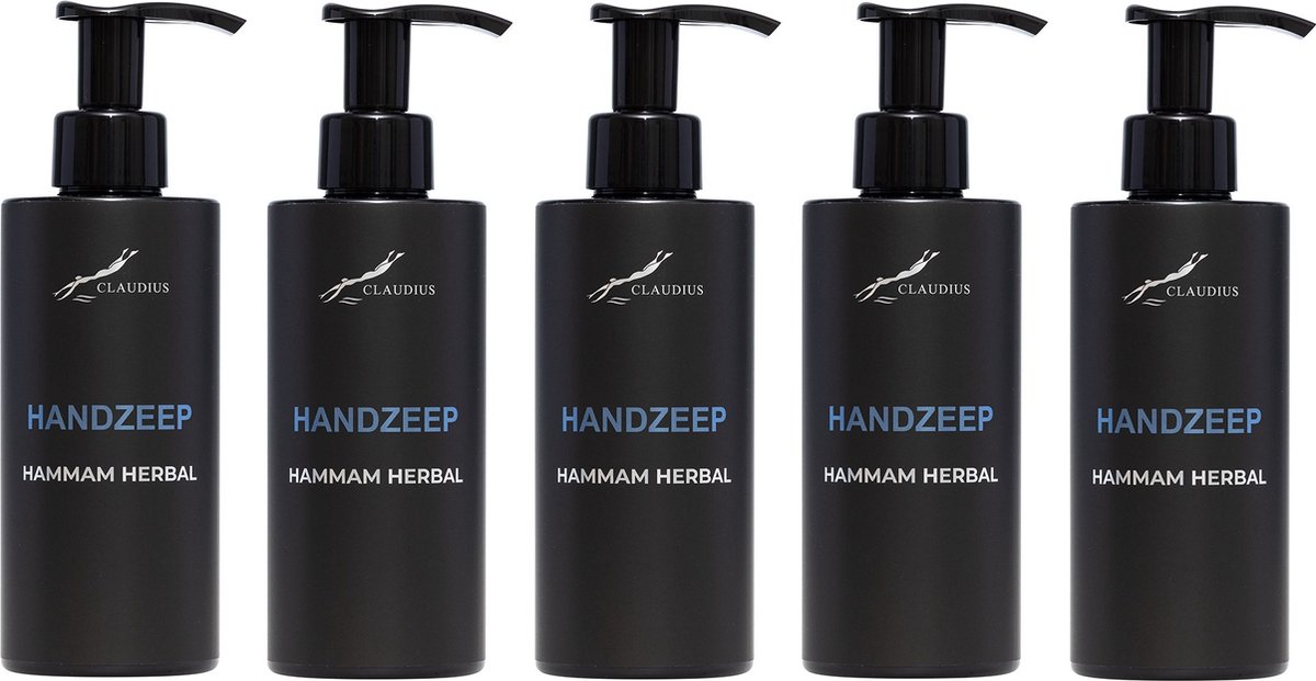Goedkoopste Handzeep Hammam Herbal 300 ml - met pomp - zwarte fles - set van 5 stuks - Voordeelverpakking