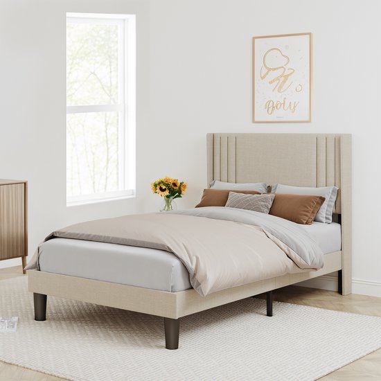 Bealife BF45 Cadre de lit - 200 x 120 cm - Tête de lit et sommier à lattes - Beige
