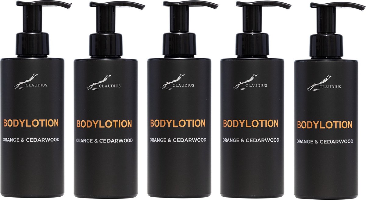Goedkoopste Bodylotion Sweet Orange & Cedarwood 300 ml - met pomp - zwarte fles - set van 5 stuks - Voordeelverpakking