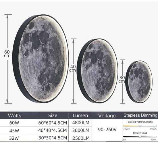Wandlamp met maan, led, dimbaar, met afstandsbediening, ronde maanlamp, 3D- design, bedlamp, 3000 K-6000 K, interieurdecoratie, plafond, wandlicht voor slaapkamer, woonkamer, 37 W/60 cm