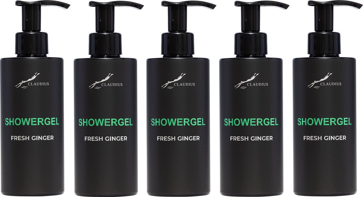 Goedkoopste Showergel Fresh Ginger 300 ml - met pomp - zwarte fles - set van 5 stuks - Douchegel - Voordeelverpakking