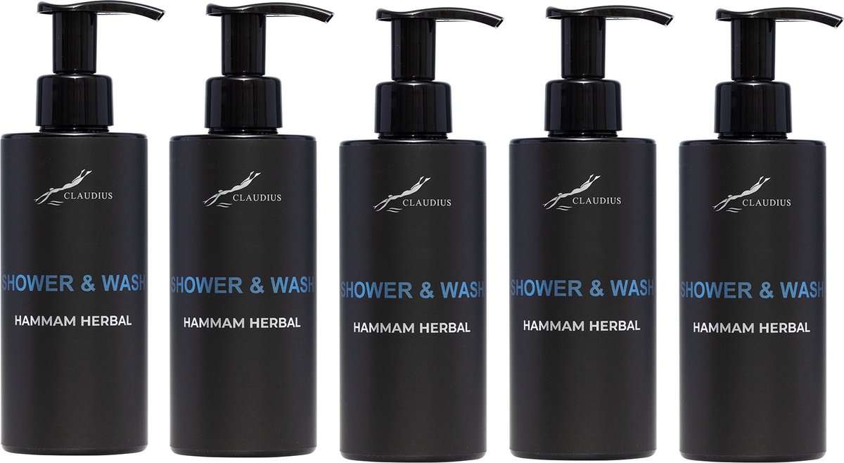 Goedkoopste Shower & Wash Hammam Herbal 300 ml - met pomp - zwarte fles - set van 5 stuks - Voordeelverpakking