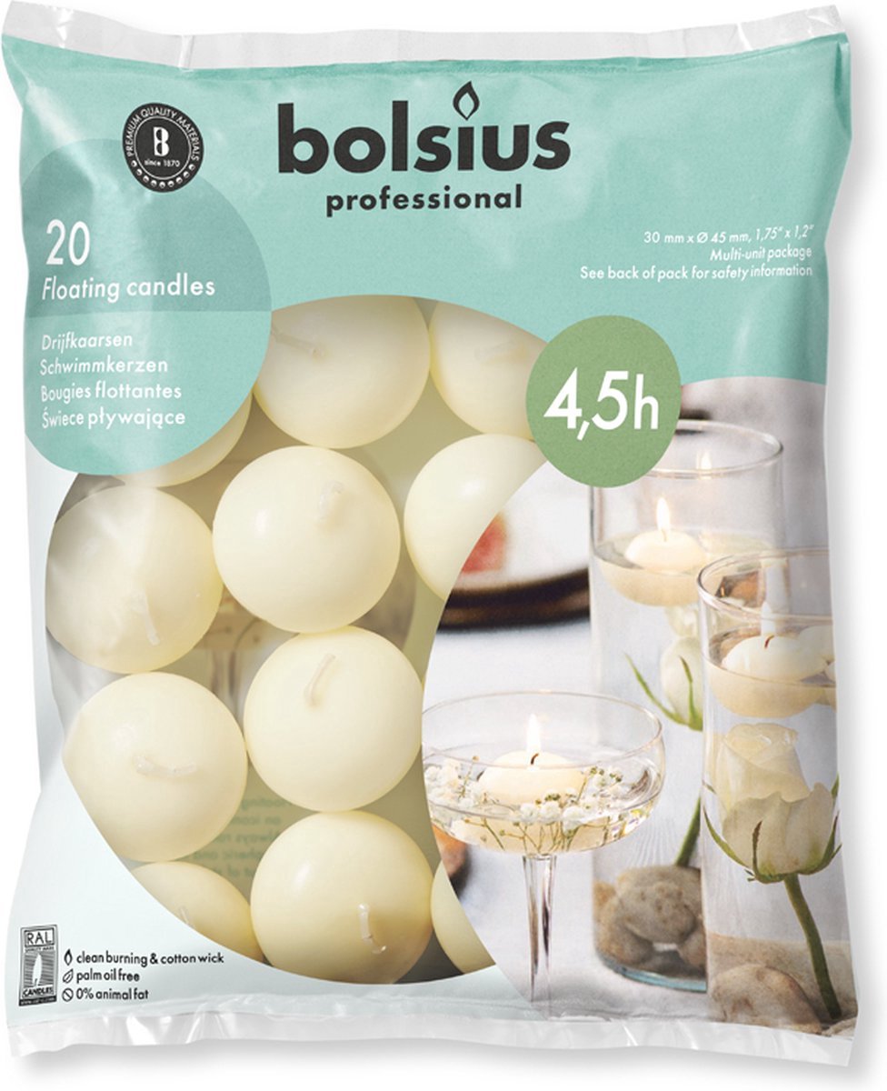 16 zakken met 20 stuks Bolsius ivoor (4 uur) drijfkaarsen = 320 stuks
