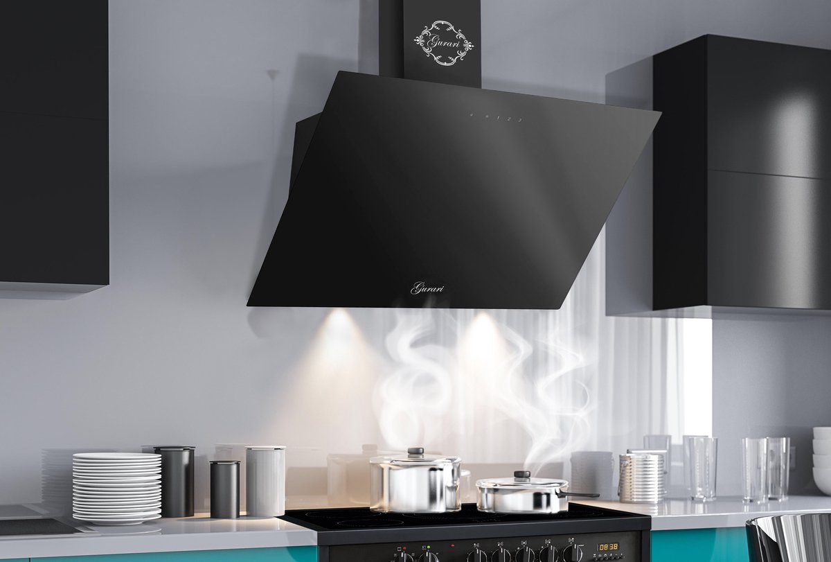 GURARI Waaiermondstuk GCH D 286 BL 6 PRIME N, Afzuigkap 60 cm, Zwart glas, 1000m³/h,Afstandsbediening