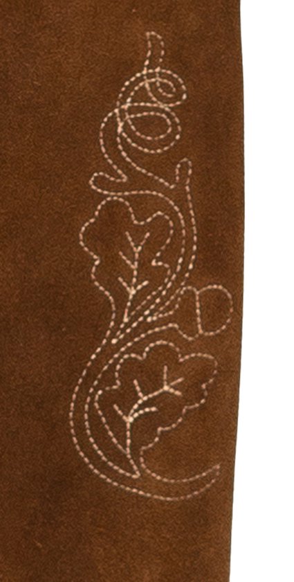 Culotte de leder brune avec un motif de branche de feuilles ornemental brodé.