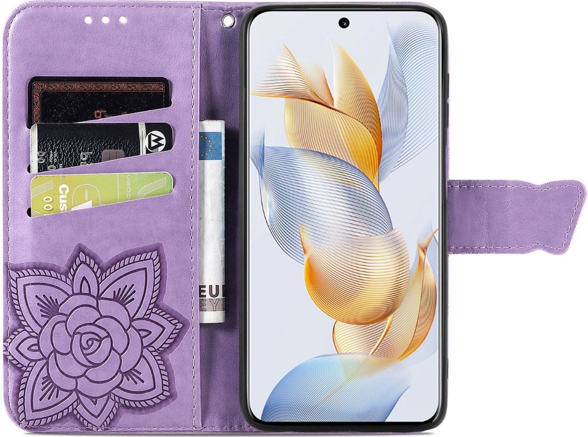 Mobigear Telefoonhoesje geschikt voor Honor 90 Hoesje | Mobigear Butterfly Bookcase Portemonnee | Pasjeshouder voor 3 Pasjes | Telefoonhoesje voor Pinpas / OV Kaart / Rijbewijs - Paars