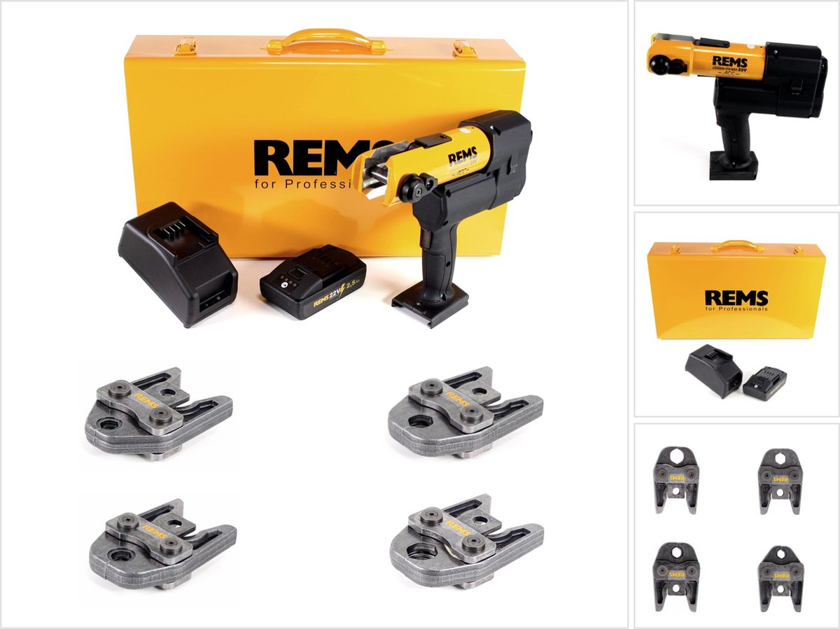 REMS accupers 22V ACC + 1x oplaadbare batterij 2.5Ah + snellader + persbekken perstang Standard M15,18,22,28 in plaatstalen doos