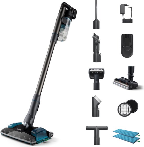 Foto: Philips aqua plus cordless 8000 series xc8057 01 steelstofzuiger draadloos met dweilfunctie donkerblauw 4 extra mondstukken filter