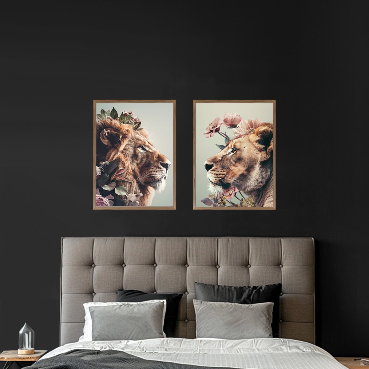 Poster set Leeuw & Leeuwin 50 x 70 - Slaapkamer - Woonkamer - vintage - woonkamer - slaapkamer - bloemen posters - goedkoop - muurposter - natuur - wanddecoratie