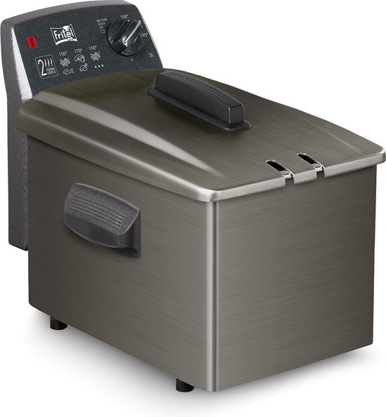 Grijze Fritel Turbo SF 4368 friteuse met gesloten deksel en controlepaneel.