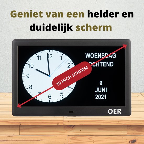 OER dementieklok met 10 inch scherm, waarop de datum 'woensdag 9 juni 2021' en tijd staan. Rode pijl met tekst '10 inch scherm'.