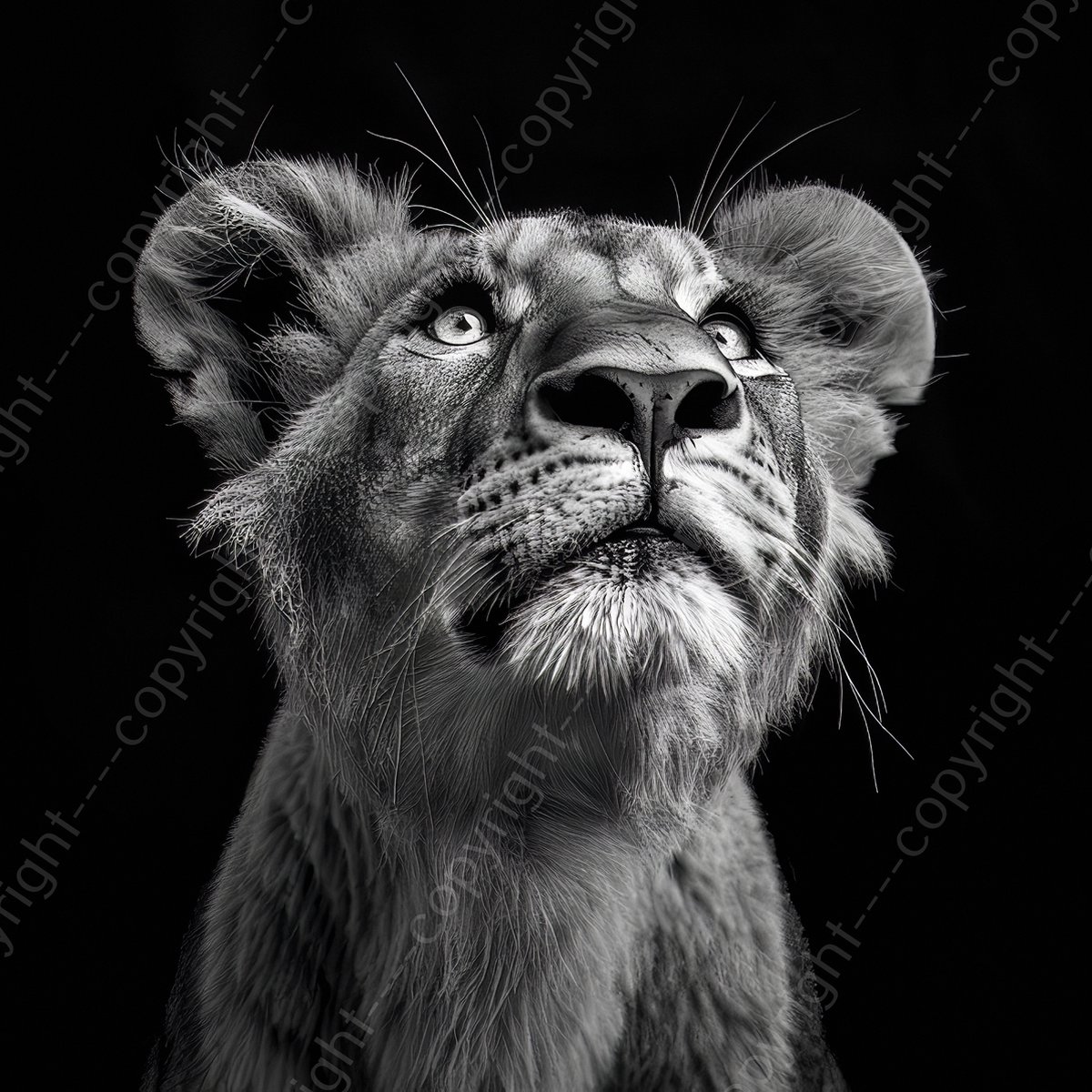 K&C Art (Canvas schilderij) 100x100cm | Leeuwenwelpje kijkt omhoog - dier - leeuw - leeuwenkop - fotoportret - zwart wit - kunst | Woonkamer - slaapkamer - hal - kantoor | Foto schilderij print op canvas - wanddecoratie - muurdecoratie - wall art