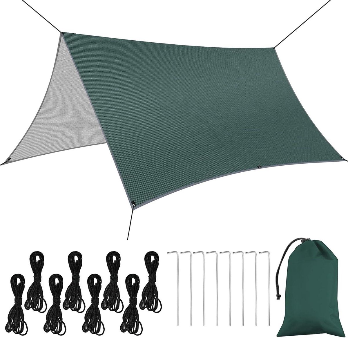 Waterdicht ultralicht Tarp Tentzeil 3 x 3 m UV-bescherming Camping Zonnezeil met Haringen en Touwen Zonwering Kamperen Wandel Hangmat Outdoor Legergroen