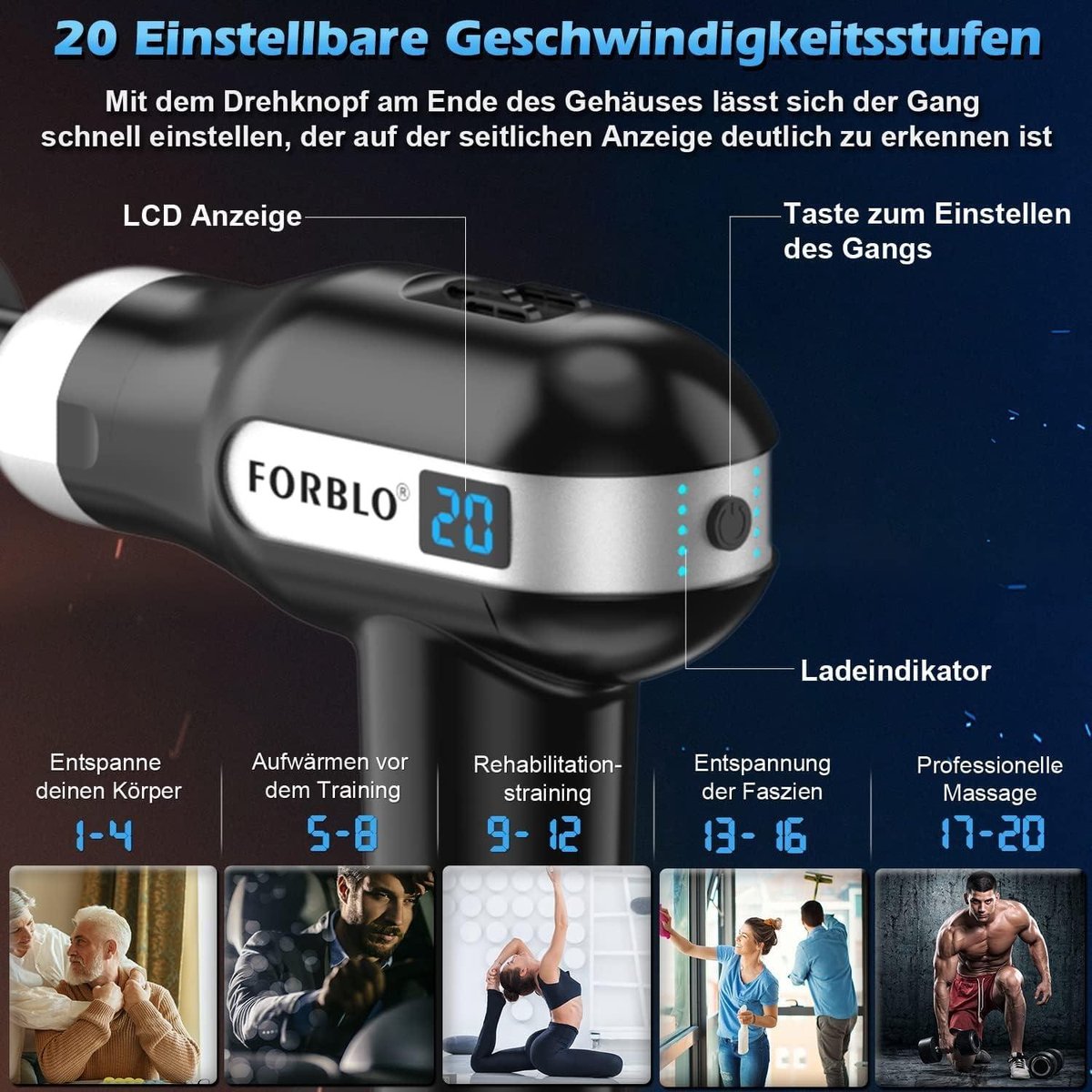 Afbeelding 2 van Massagepistool met 20 snelheden en 6 massagekoppen - Elektrisch massageapparaat voor nek en rug - Cadeau voor vrouwen en mannen