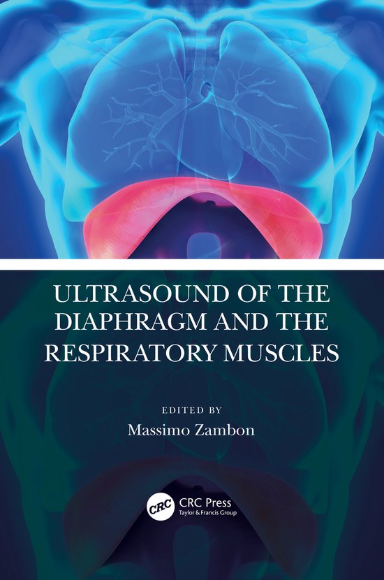 Boek "Ultrasound of the Diaphragm and the Respiratory Muscles", met anatomische illustratie van de longen en het middenrif.