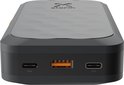 Voorkant van een donkergrijs powerbank met één oranje USB-A poort en twee 35W USB-C poorten.