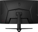 Achterkant van een zwarte MSI monitor met een standaard, ventilatie en poorten.