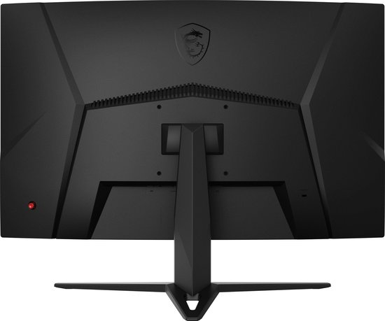 Achterkant van een zwarte MSI monitor met een standaard, ventilatie en poorten.