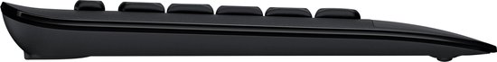 Zijaanzicht van een slank, gebogen zwart toetsenbord van Logitech.