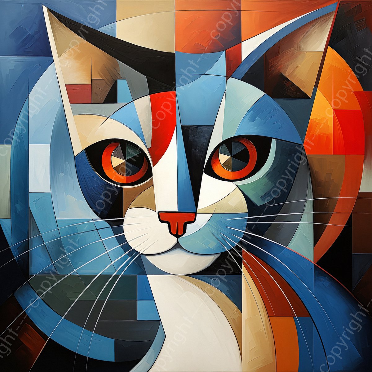 K&C Art (Glasschilderij) 60x60cm | Kat in Picasso stijl - kubisme - abstract - kleurrijk - blauw - oranje - modern - kunst | Woonkamer - slaapkamer - hal - kantoor | Foto schilderij print op acrylglas - wanddecoratie - muurdecoratie - wall art