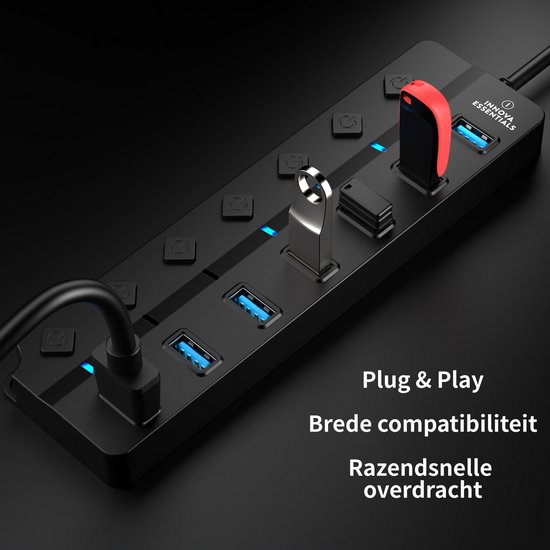 Innova Essentials Hub USB 3.0 - 7 Portes - 5Gbps - Lumière LED Blauw - Zwart