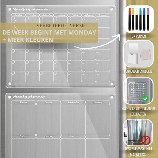 2 Stuks Magnetische Acryl Weekplanner - Afwasbaar Koelkastplanner Met Pennen