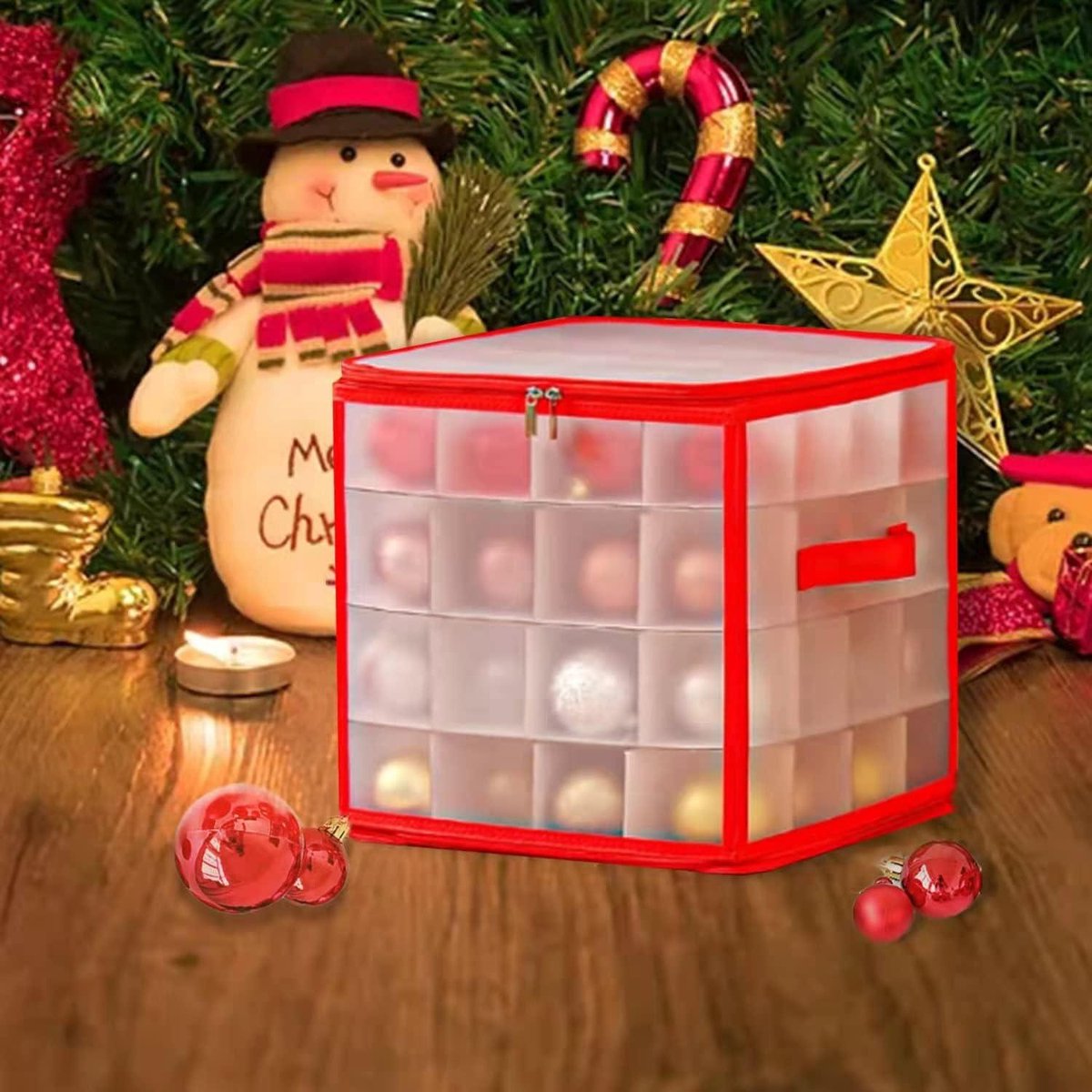 TIAVNTD Kerstversiering Opbergdoos, 4 Lagen Houdt Tot 64 Versieringsaccessoires Ballen, 600d Oxford Kerst Organizer Houder