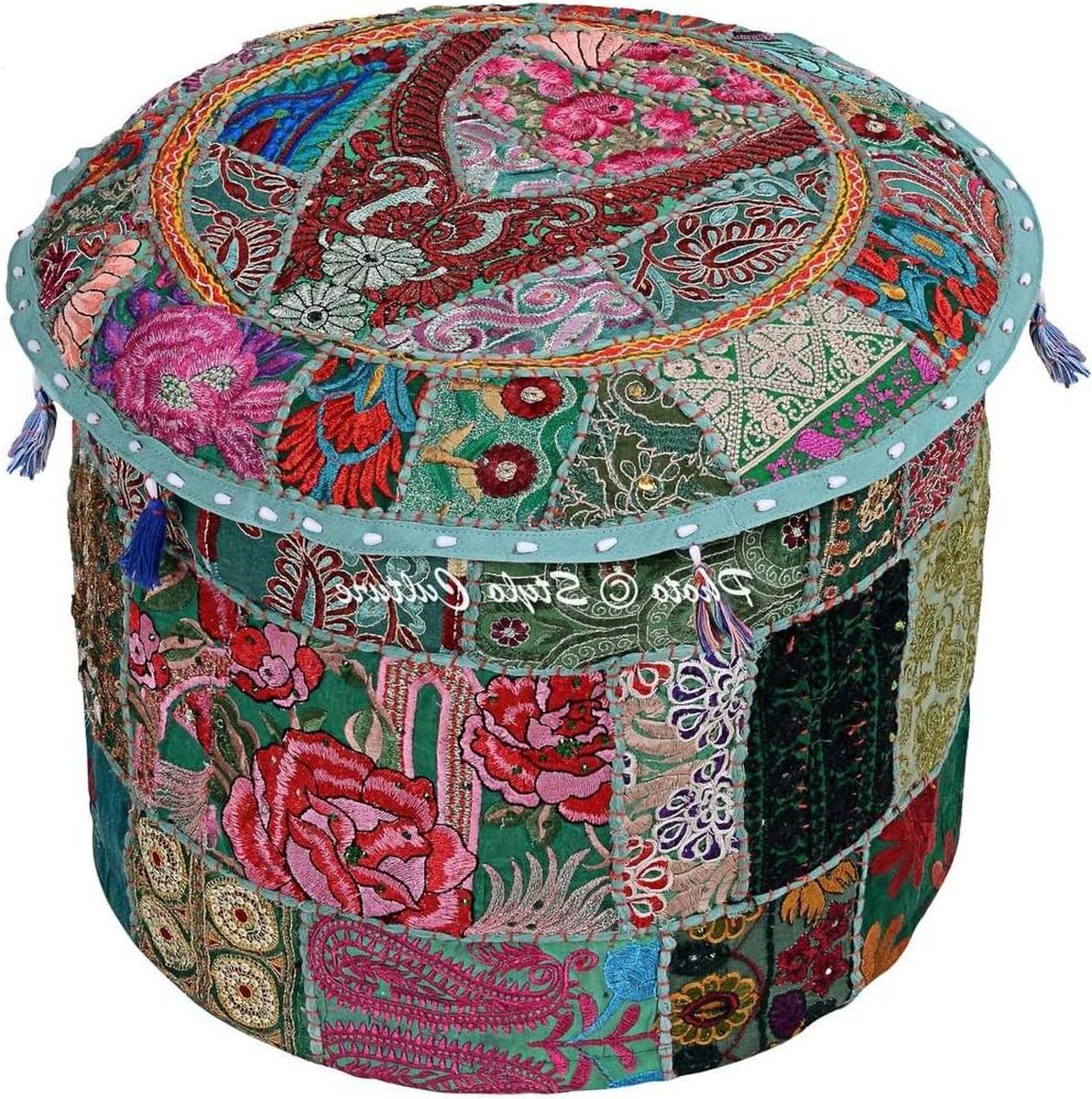 Patchwork geborduurde groene bloemen katoenen Ottomaanse krukhoes met decoraties