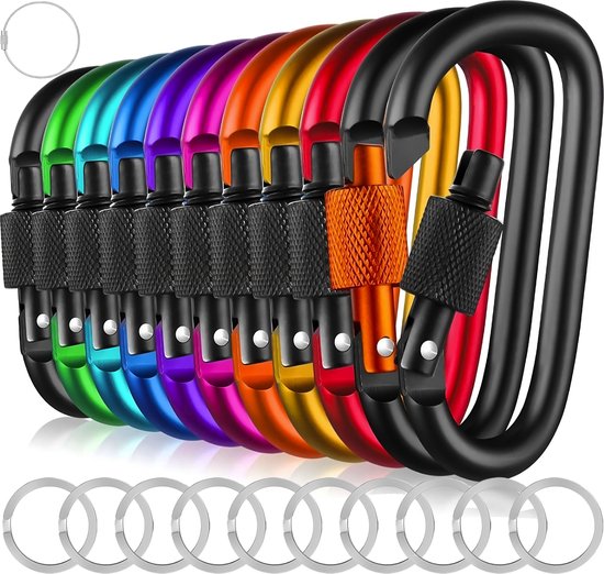 Foto: 10 stuks 78mm karabijnhaken met schroefsluiting 10 verschillende kleuren musketonhaak metsleutelringen staaldraad musketon d vorm carabiners grote karabijn haak sleutelhangers zwarte karabijnsluitingen en ringetjes aluminium